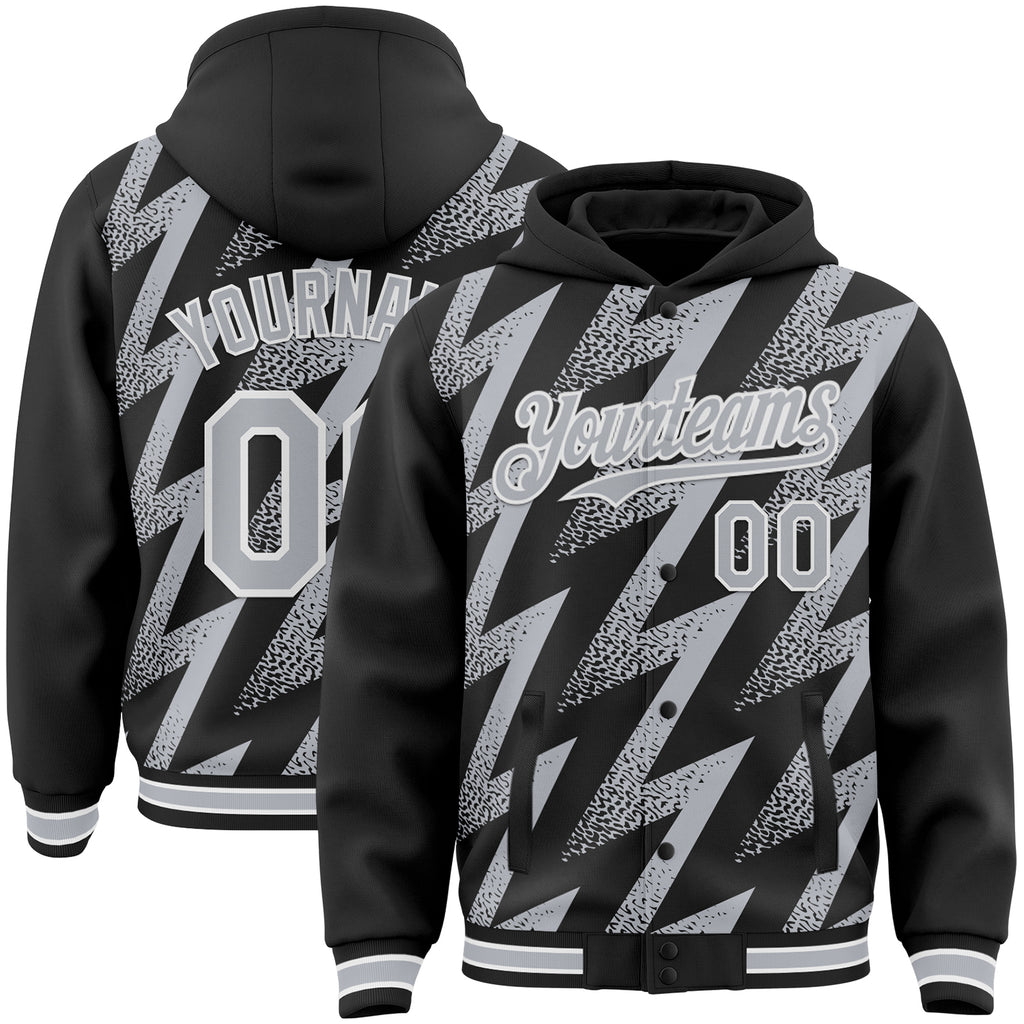 Custom Black Gray-White Zigzag Shape 3D Pattern Design Bomber Full-Snap Varsity Letterman Hoodie Jacket