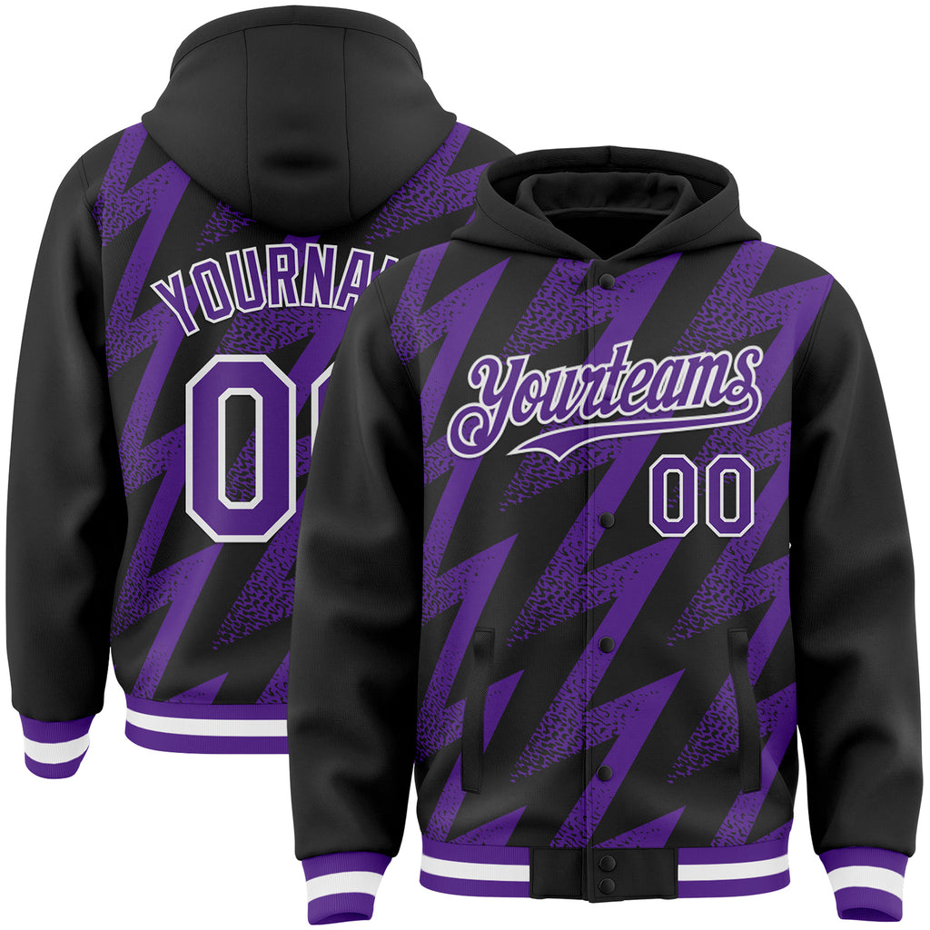 Custom Black Purple-White Zigzag Shape 3D Pattern Design Bomber Full-Snap Varsity Letterman Hoodie Jacket