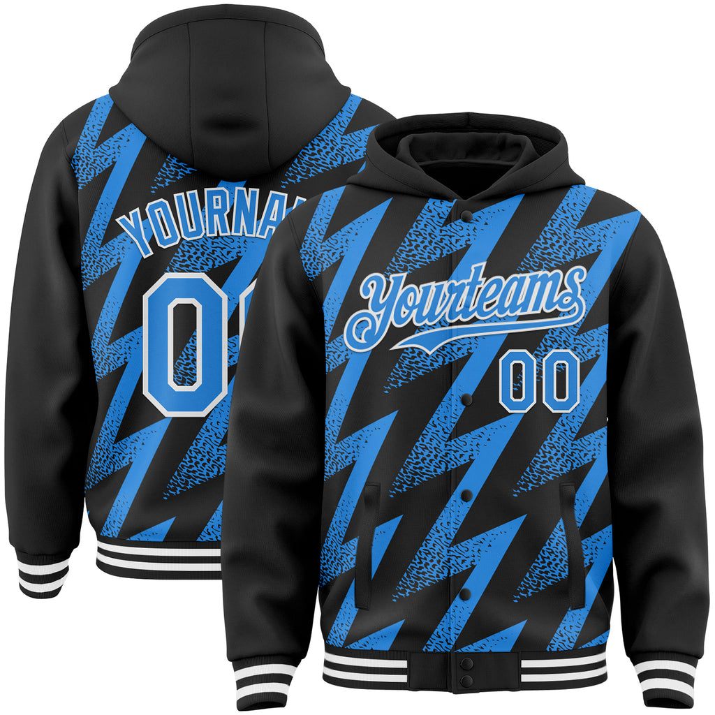 Custom Black Powder Blue-White Zigzag Shape 3D Pattern Design Bomber Full-Snap Varsity Letterman Hoodie Jacket