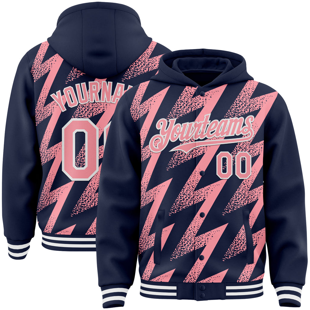 Custom Navy Medium Pink-White Zigzag Shape 3D Pattern Design Bomber Full-Snap Varsity Letterman Hoodie Jacket