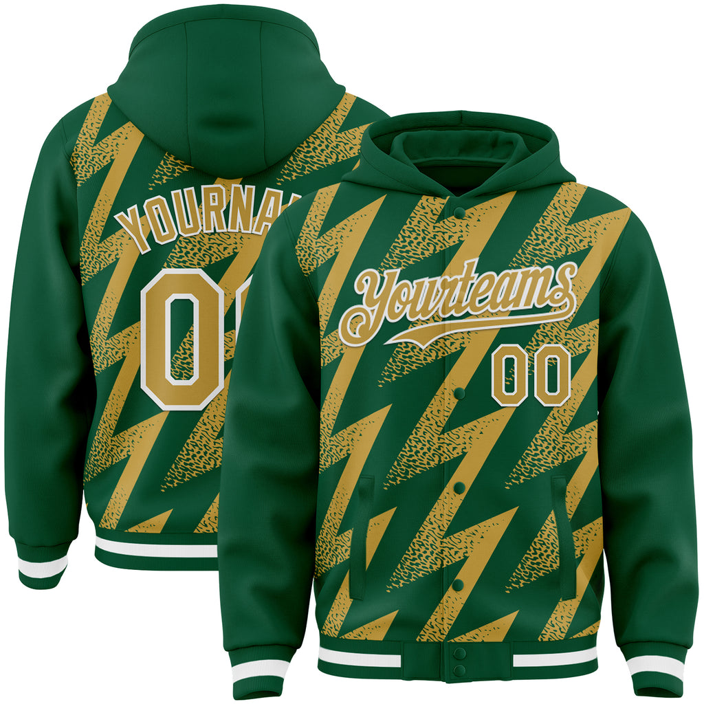Custom Kelly Green Old Gold-White Zigzag Shape 3D Pattern Design Bomber Full-Snap Varsity Letterman Hoodie Jacket