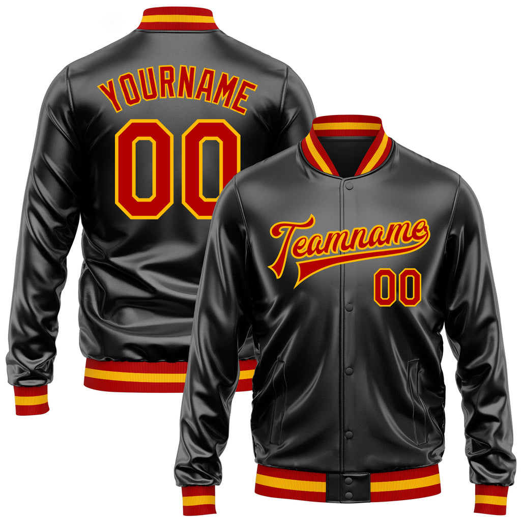 Custom Black Red-Gold Bomber Full-Snap Varsity Faux Leather Letterman Jacket