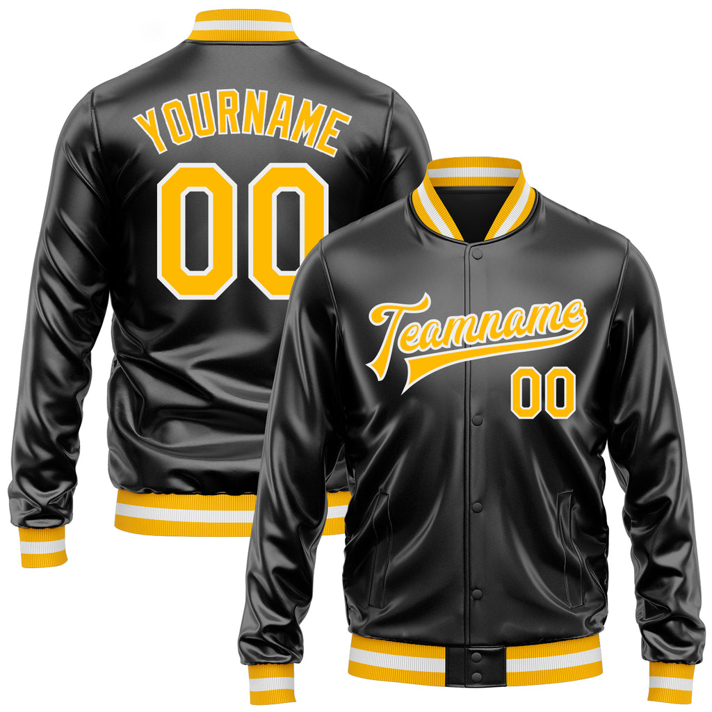 Custom Black Gold-White Bomber Full-Snap Varsity Faux Leather Letterman Jacket