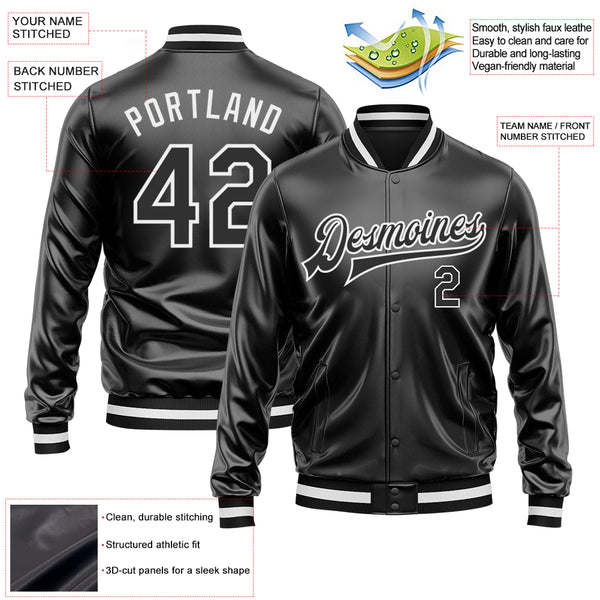 Custom Black Black-White Bomber Full-Snap Varsity Faux Leather Letterman Jacket