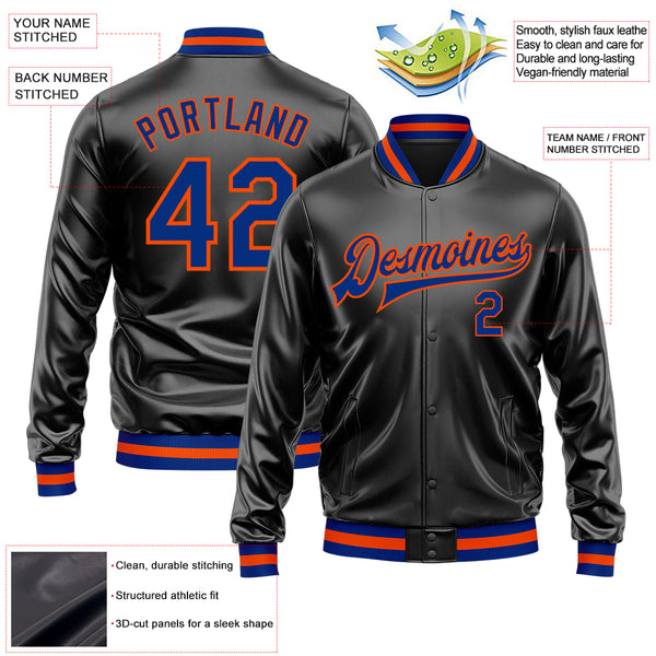 Custom Black Royal-Orange Bomber Full-Snap Varsity Faux Leather Letterman Jacket