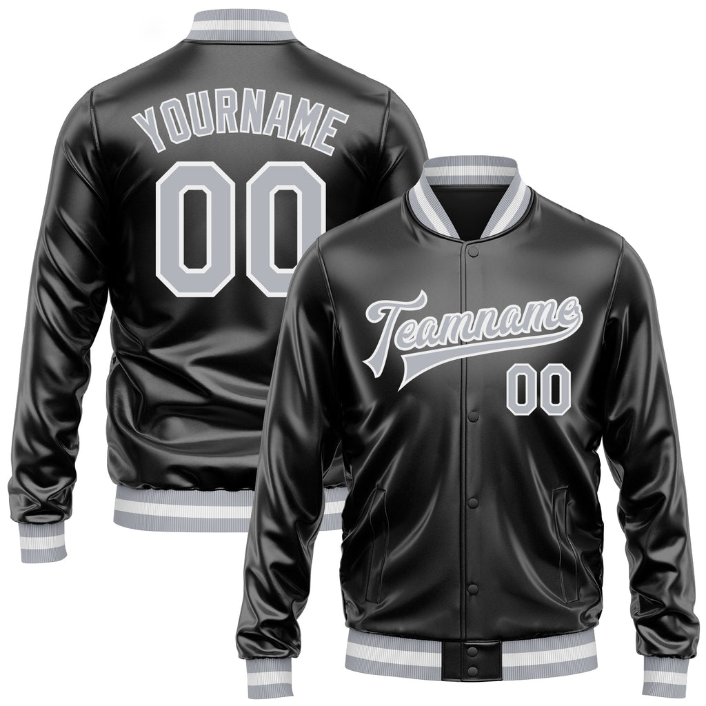 Custom Black Gray-White Bomber Full-Snap Varsity Faux Leather Letterman Jacket
