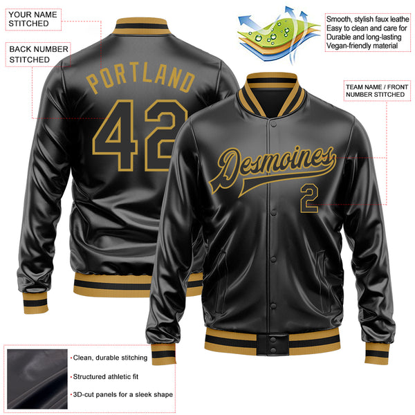 Custom Black Black-Old Gold Bomber Full-Snap Varsity Faux Leather Letterman Jacket