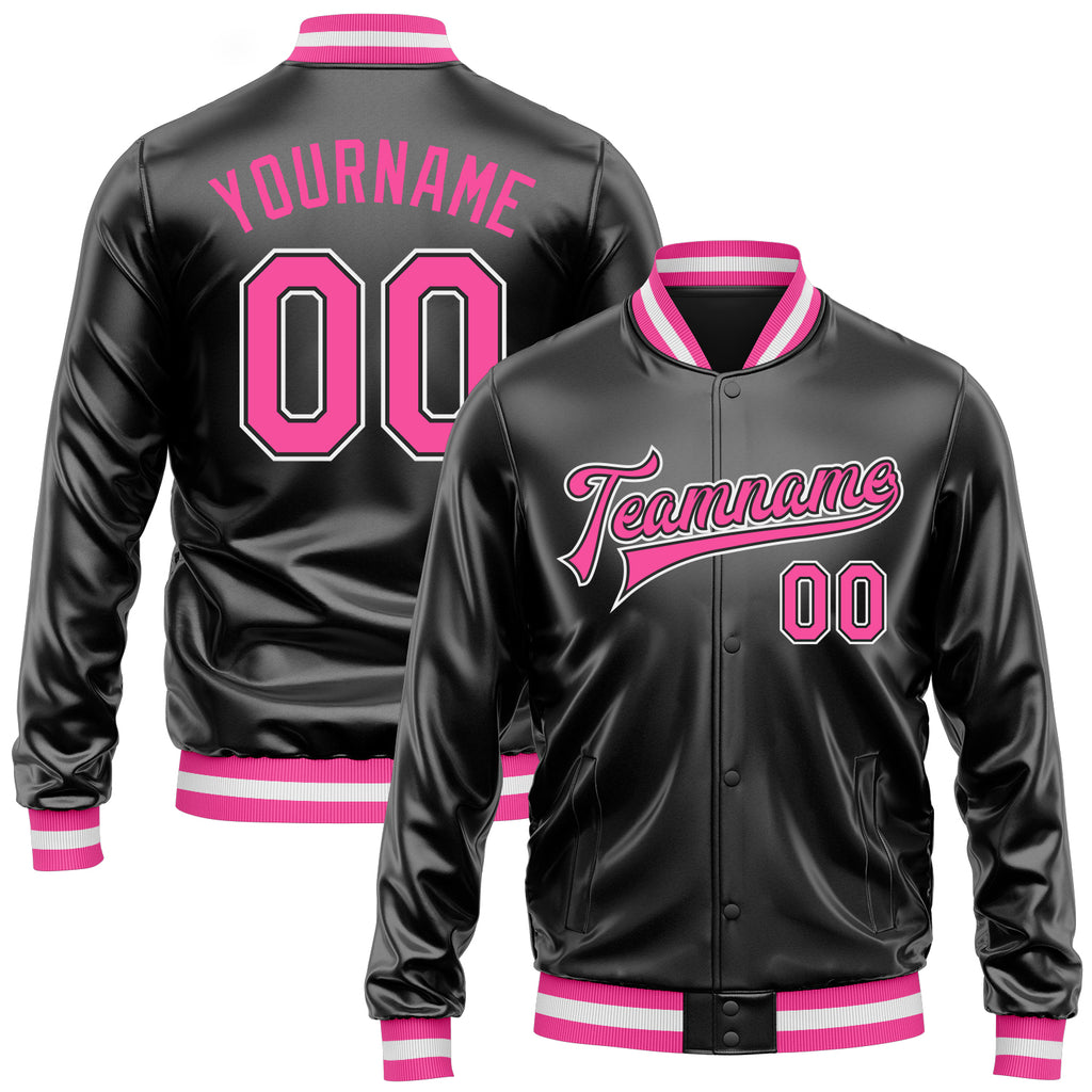 Custom Black Pink-White Bomber Full-Snap Varsity Faux Leather Letterman Jacket