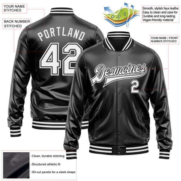 Custom Black White-Black Bomber Full-Snap Varsity Faux Leather Letterman Jacket