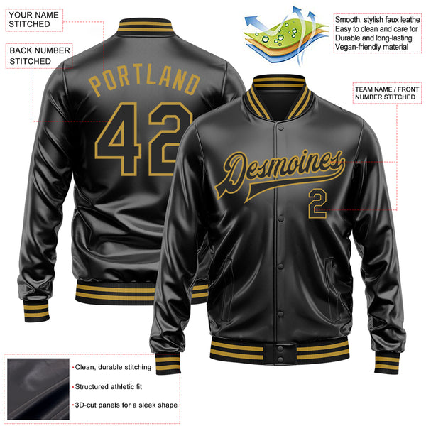 Custom Black Black-Old Gold Bomber Full-Snap Varsity Faux Leather Letterman Jacket