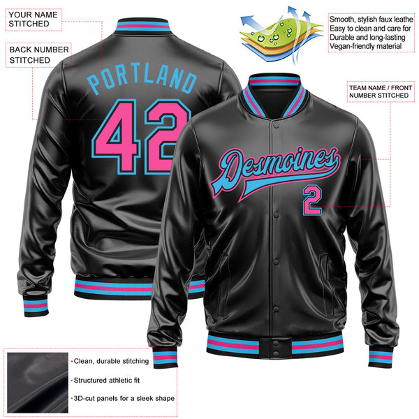Custom Black Pink-Sky Blue Bomber Full-Snap Varsity Faux Leather Letterman Jacket