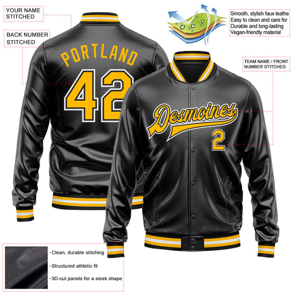Custom Black Gold-White Bomber Full-Snap Varsity Faux Leather Letterman Jacket