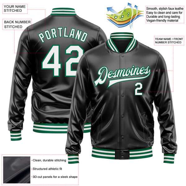 Custom Black White-Kelly Green Bomber Full-Snap Varsity Faux Leather Letterman Jacket