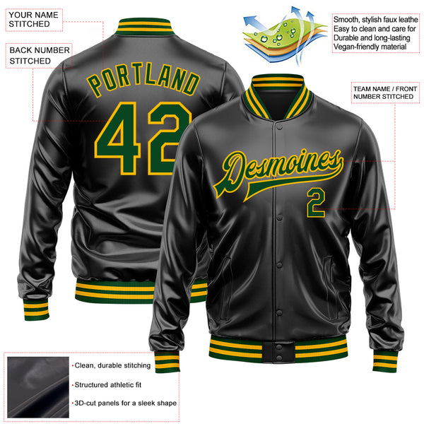 Custom Black Green-Gold Bomber Full-Snap Varsity Faux Leather Letterman Jacket