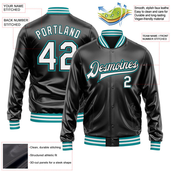 Custom Black White-Teal Bomber Full-Snap Varsity Faux Leather Letterman Jacket