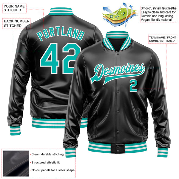 Custom Black Aqua-White Bomber Full-Snap Varsity Faux Leather Letterman Jacket