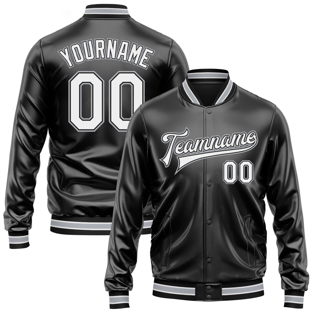 Custom Black White-Gray Bomber Full-Snap Varsity Faux Leather Letterman Jacket