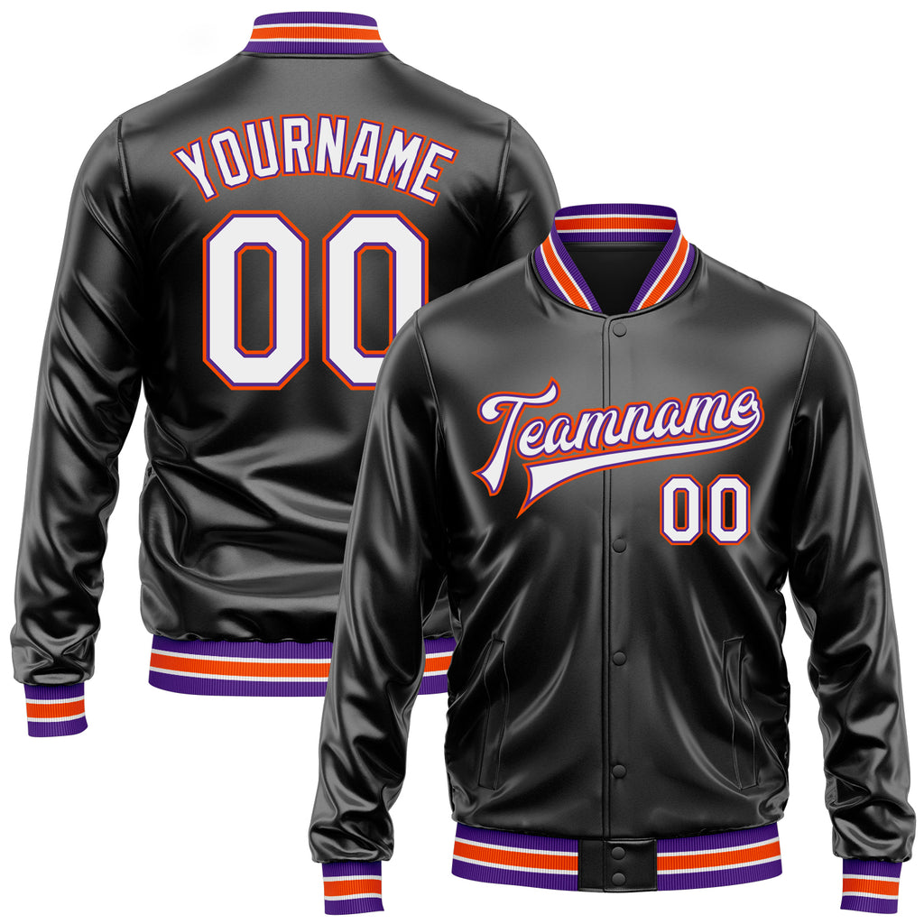 Custom Black White-Purple Bomber Full-Snap Varsity Faux Leather Letterman Jacket