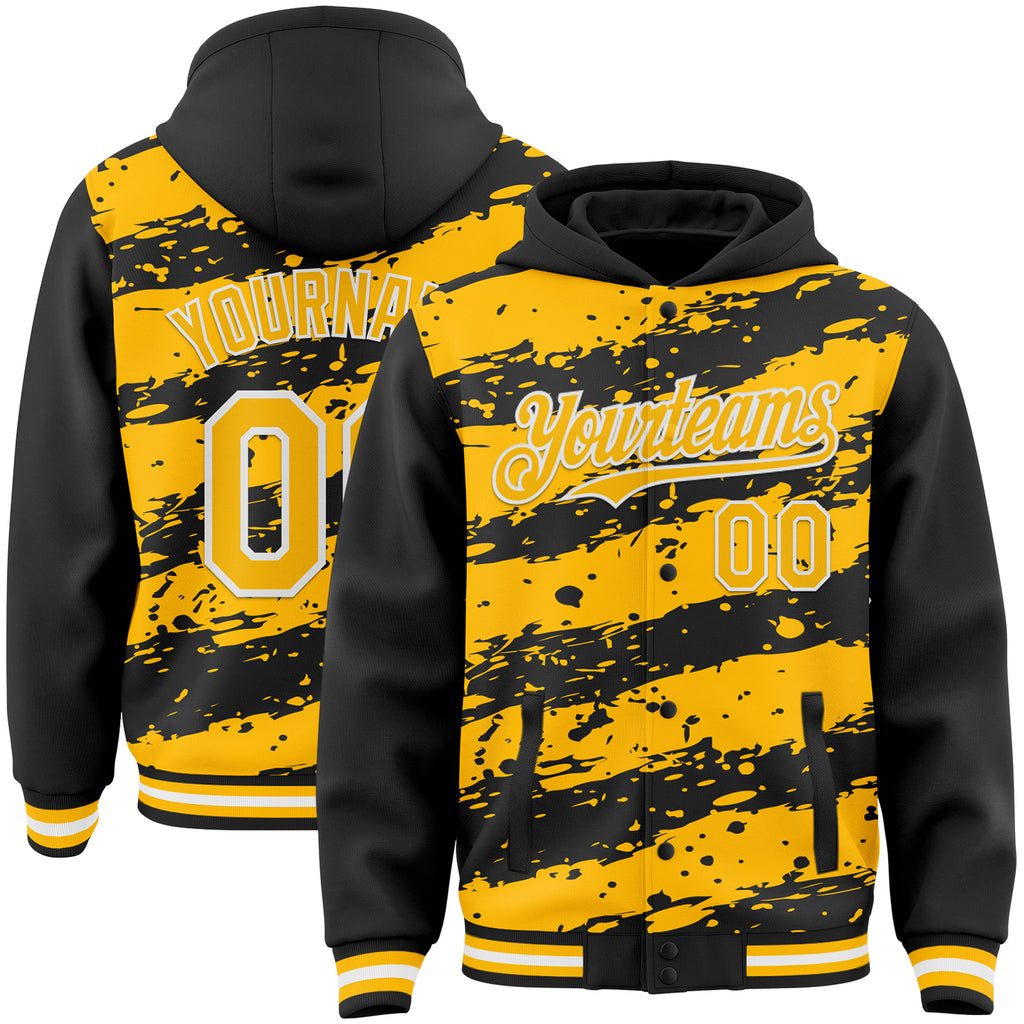 Custom Black Gold-White Splash 3D Pattern Design Bomber Full-Snap Varsity Letterman Hoodie Jacket