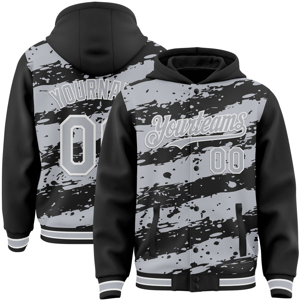 Custom Black Gray-White Splash 3D Pattern Design Bomber Full-Snap Varsity Letterman Hoodie Jacket