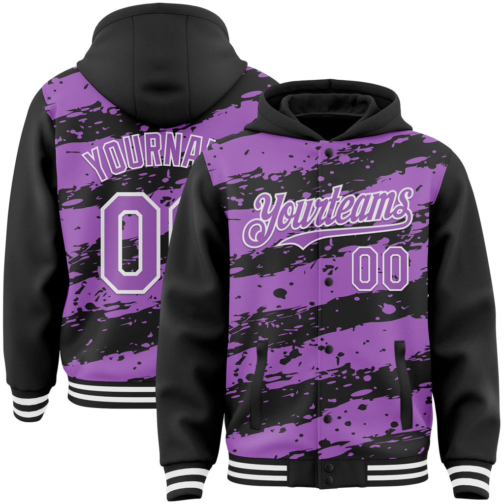 Custom Black Medium Purple-White Splash 3D Pattern Design Bomber Full-Snap Varsity Letterman Hoodie Jacket