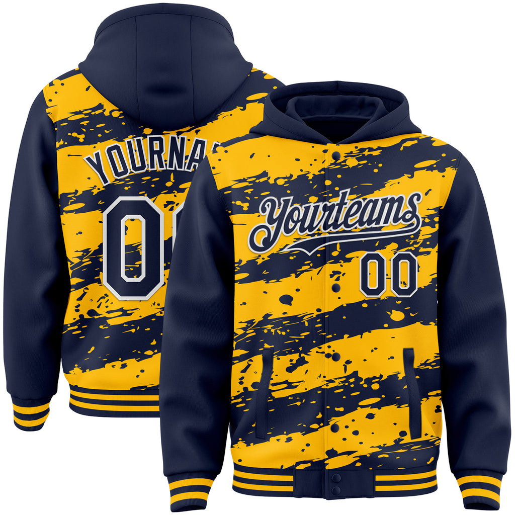 Custom Gold Navy-White Splash 3D Pattern Design Bomber Full-Snap Varsity Letterman Hoodie Jacket