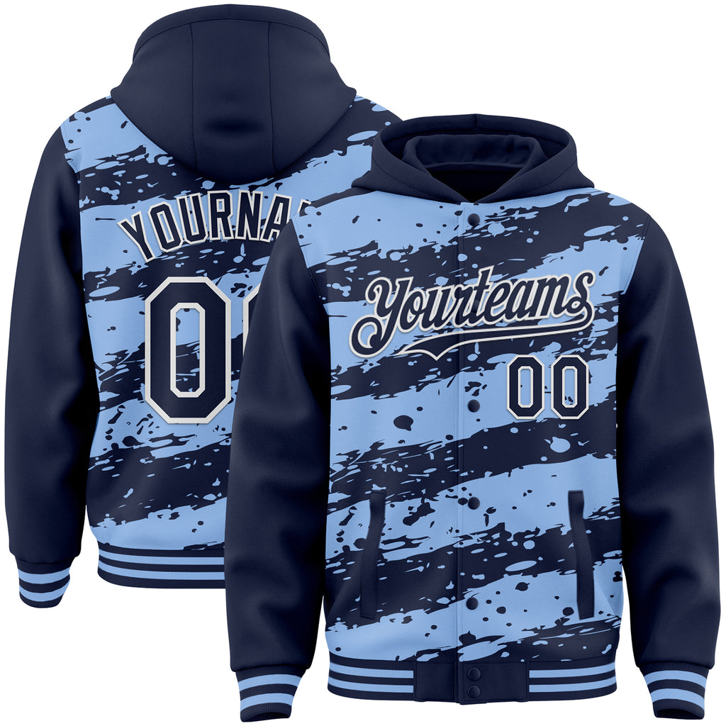 Custom Light Blue Navy-White Splash 3D Pattern Design Bomber Full-Snap Varsity Letterman Hoodie Jacket