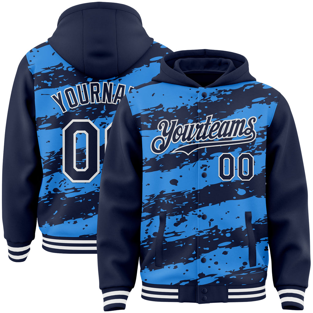 Custom Powder Blue Navy-White Splash 3D Pattern Design Bomber Full-Snap Varsity Letterman Hoodie Jacket