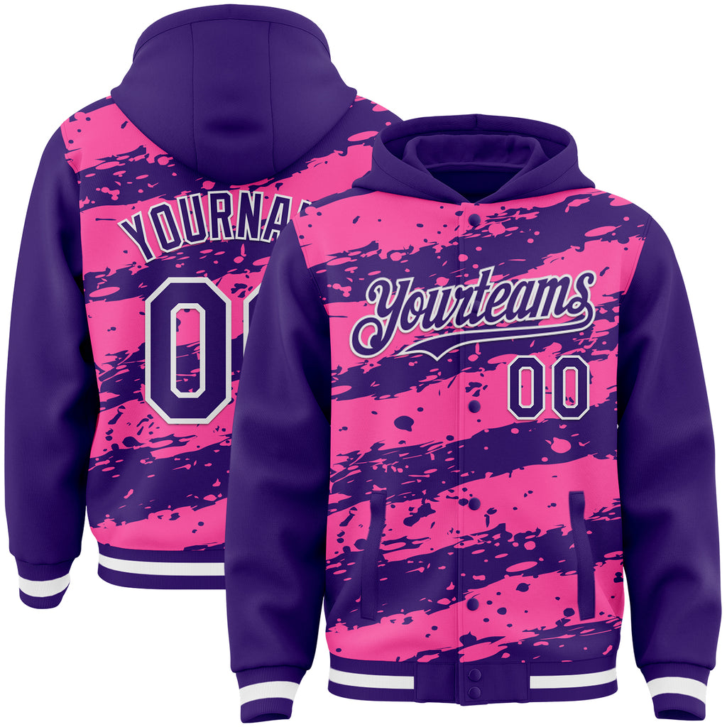 Custom Pink Purple-White Splash 3D Pattern Design Bomber Full-Snap Varsity Letterman Hoodie Jacket