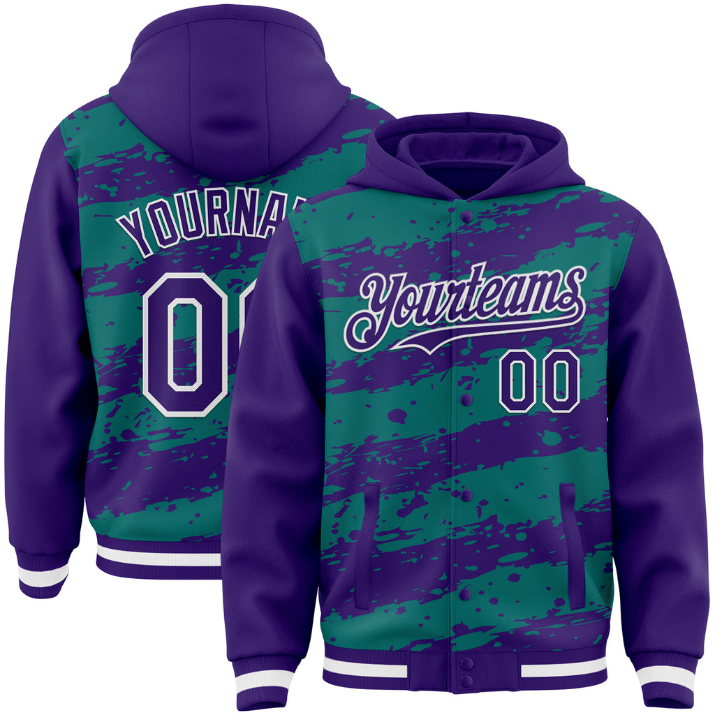 Custom Teal Purple-White Splash 3D Pattern Design Bomber Full-Snap Varsity Letterman Hoodie Jacket