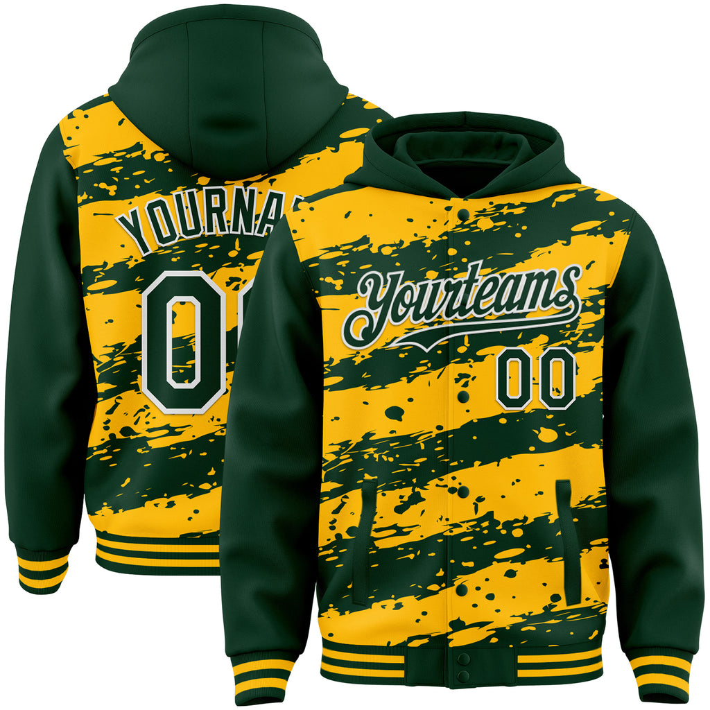 Custom Gold Green-White Splash 3D Pattern Design Bomber Full-Snap Varsity Letterman Hoodie Jacket