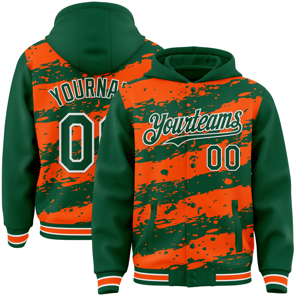 Custom Orange Kelly Green-White Splash 3D Pattern Design Bomber Full-Snap Varsity Letterman Hoodie Jacket