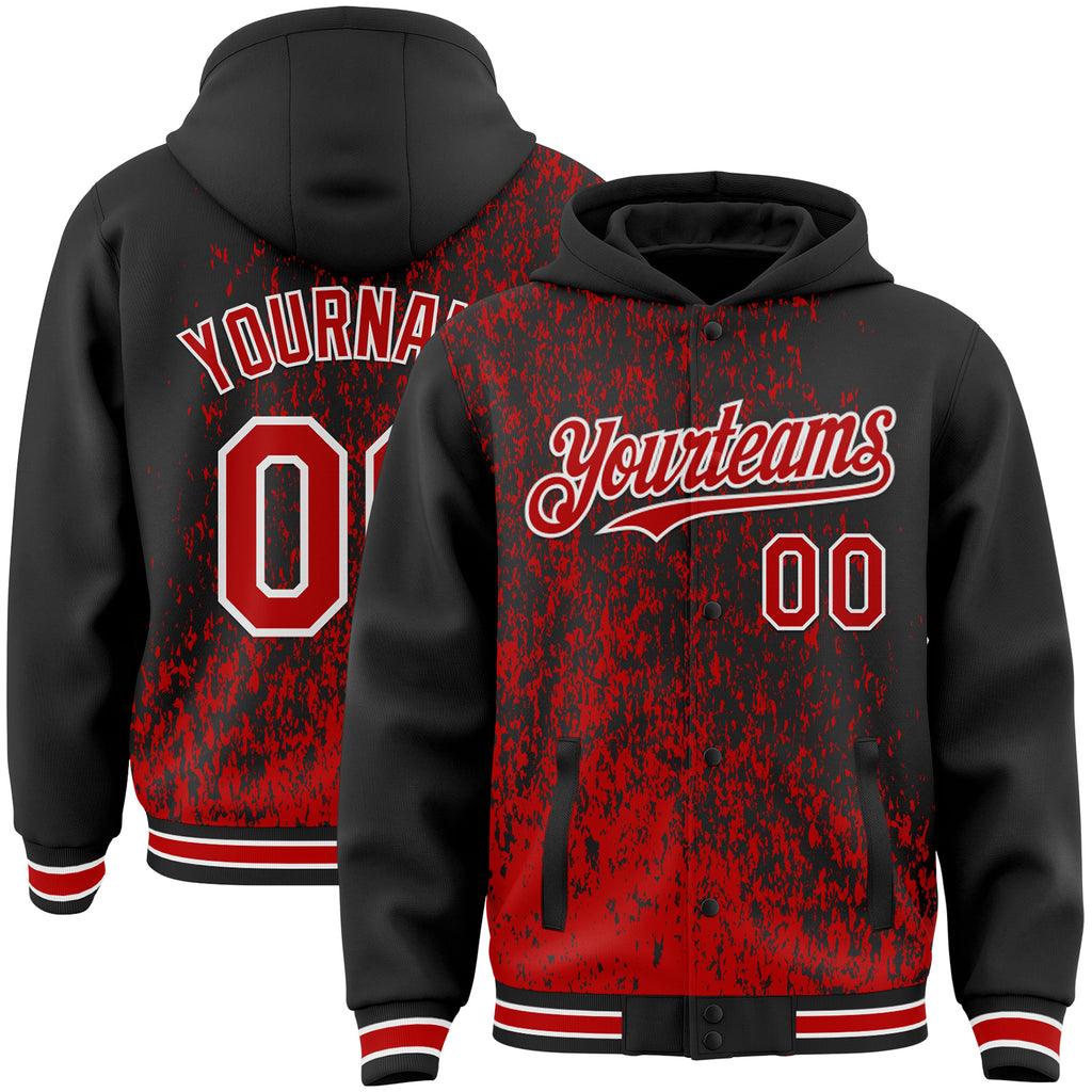 Custom Black Red-White Abstract Fragment Art 3D Pattern Design Bomber Full-Snap Varsity Letterman Hoodie Jacket