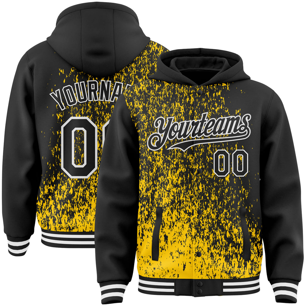 Custom Yellow Black-White Abstract Fragment Art 3D Pattern Design Bomber Full-Snap Varsity Letterman Hoodie Jacket