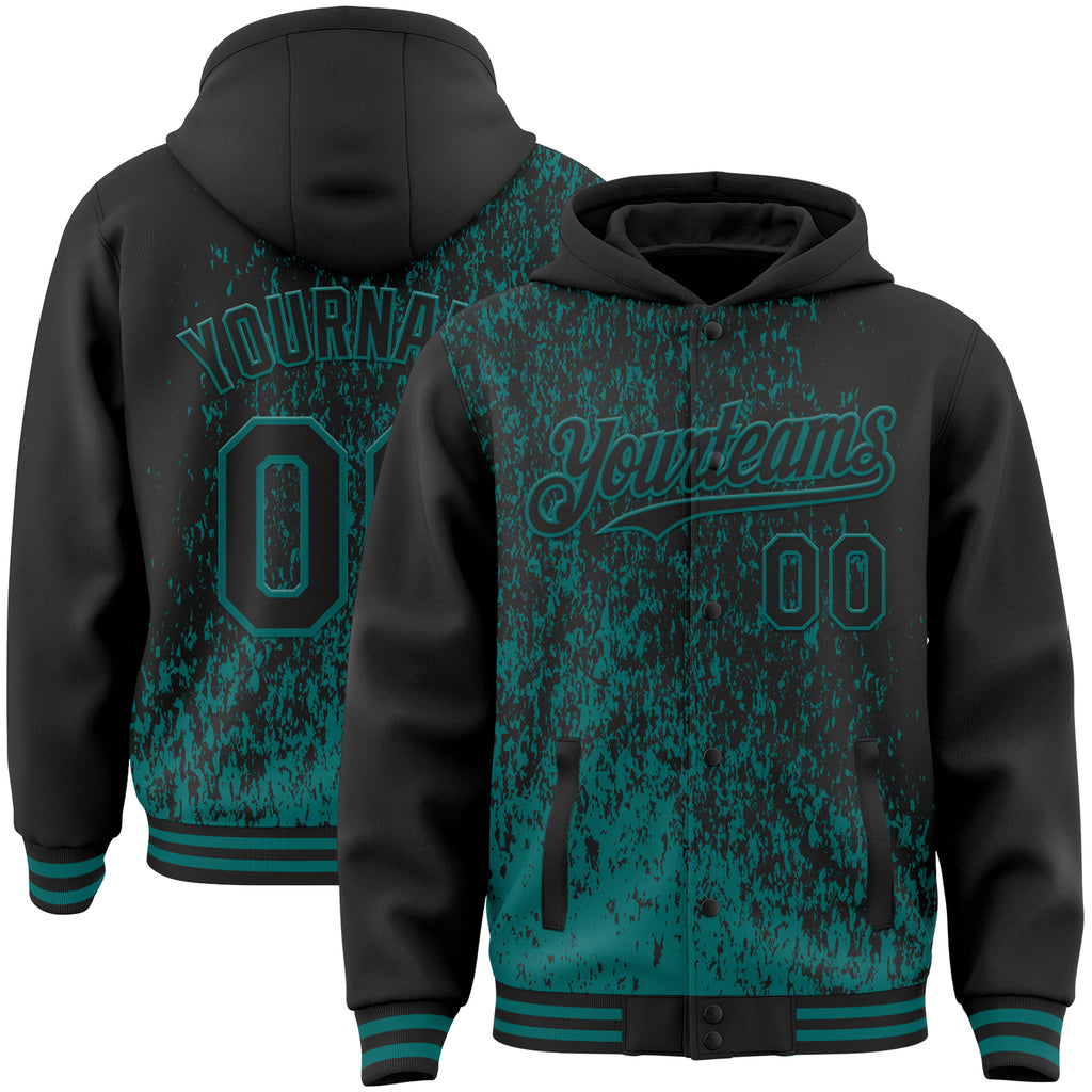 Custom Black Black-Teal Abstract Fragment Art 3D Pattern Design Bomber Full-Snap Varsity Letterman Hoodie Jacket