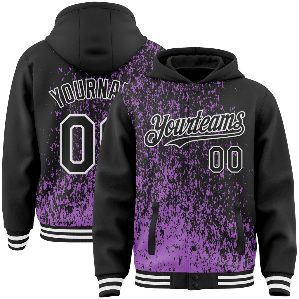 Custom Medium Purple Black-White Abstract Fragment Art 3D Pattern Design Bomber Full-Snap Varsity Letterman Hoodie Jacket