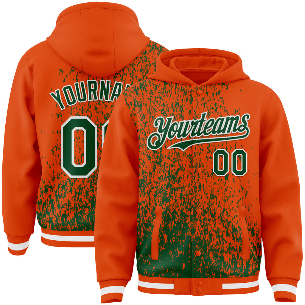 Custom Orange Green-White Abstract Fragment Art 3D Pattern Design Bomber Full-Snap Varsity Letterman Hoodie Jacket