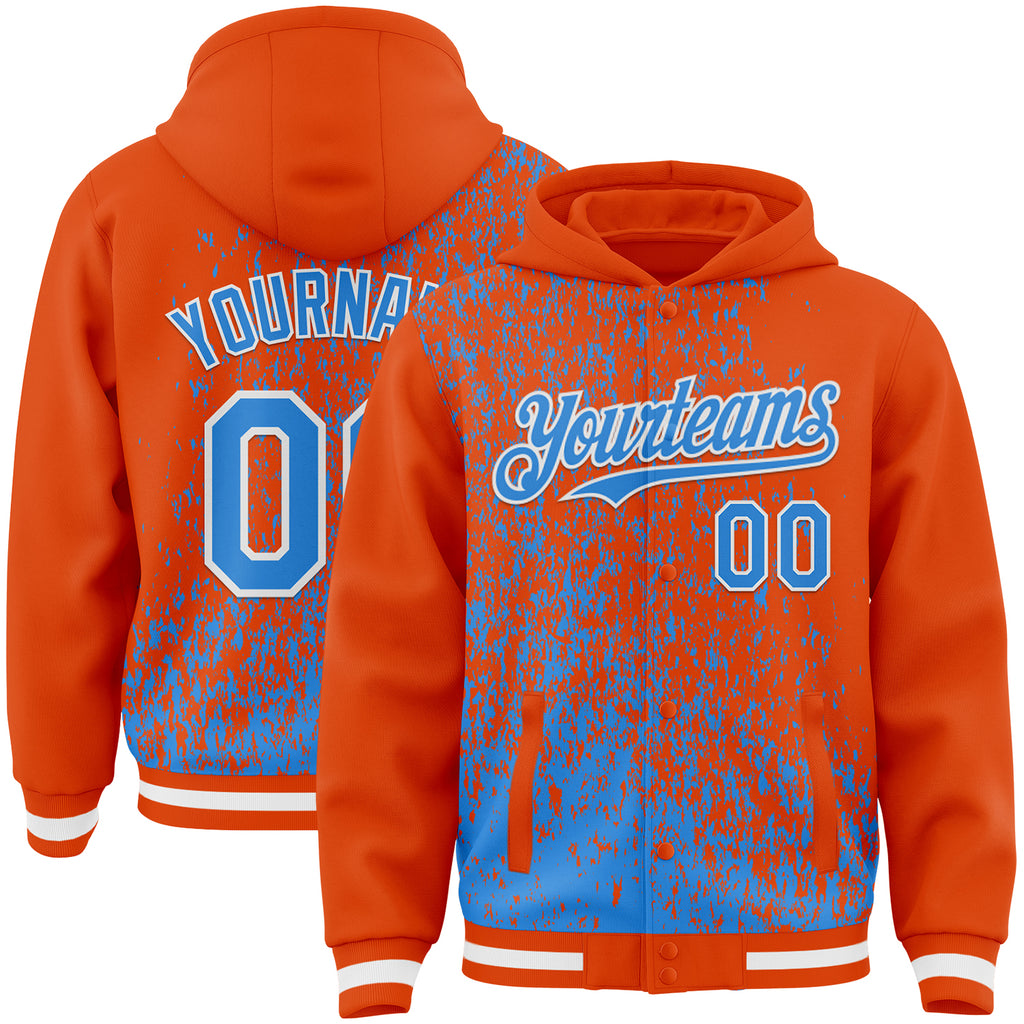 Custom Orange Powder Blue-White Abstract Fragment Art 3D Pattern Design Bomber Full-Snap Varsity Letterman Hoodie Jacket