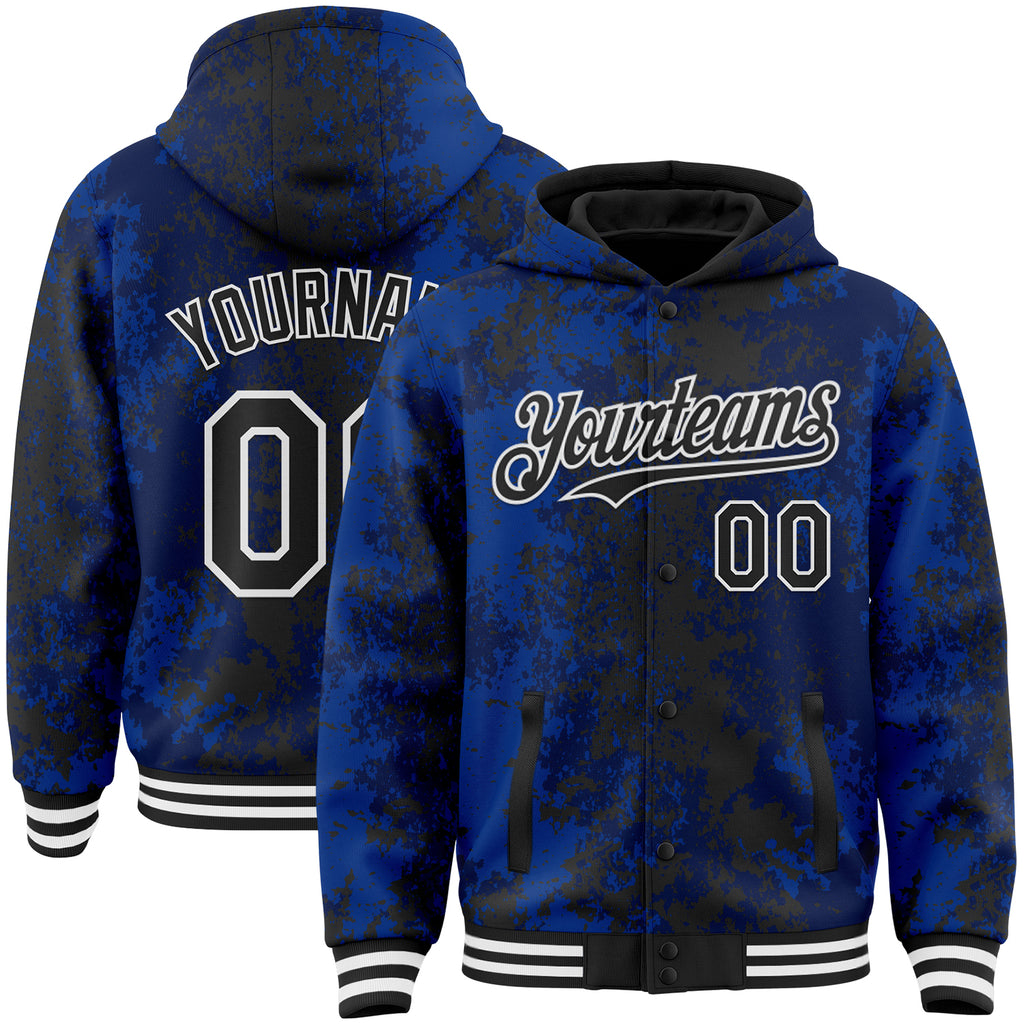 Custom Royal Black-White 3D Pattern Design Bomber Full-Snap Varsity Letterman Hoodie Jacket