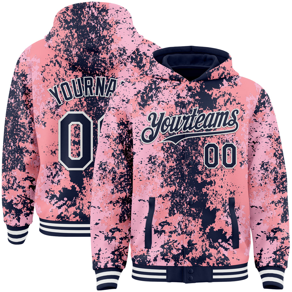 Custom Pink Navy-White 3D Pattern Design Bomber Full-Snap Varsity Letterman Hoodie Jacket