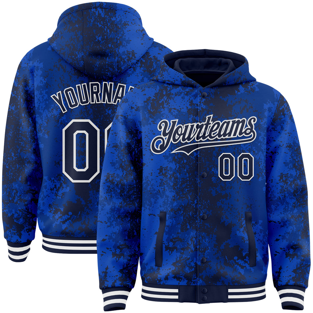 Custom Royal Navy-White 3D Pattern Design Bomber Full-Snap Varsity Letterman Hoodie Jacket