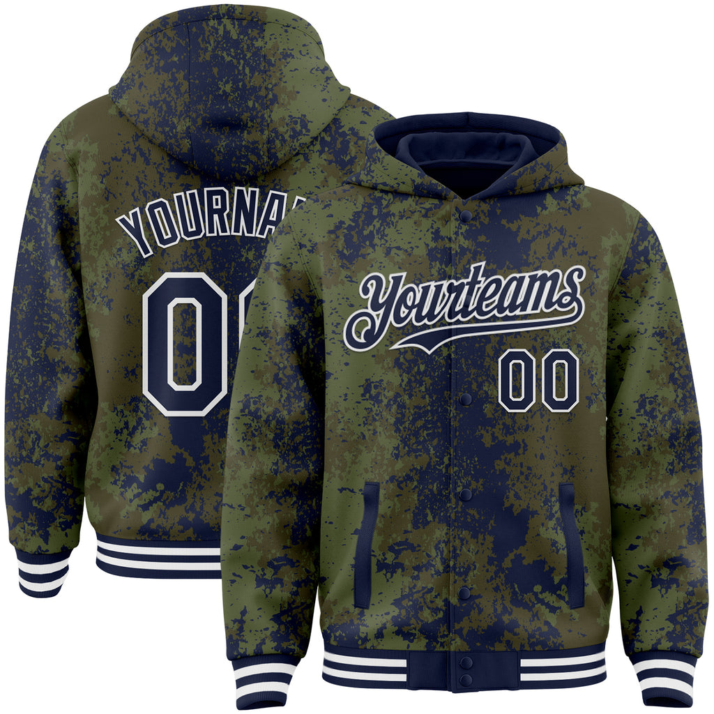Custom Olive Navy-White 3D Pattern Design Bomber Full-Snap Varsity Letterman Hoodie Jacket