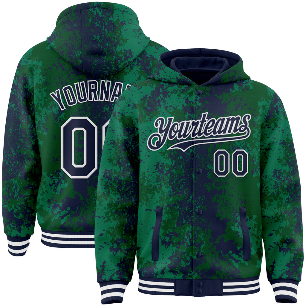 Custom Green Navy-White 3D Pattern Design Bomber Full-Snap Varsity Letterman Hoodie Jacket