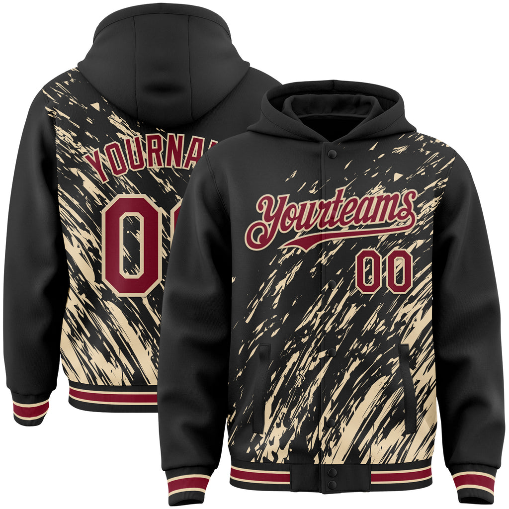 Custom Black Crimson-City Cream 3D Pattern Design Bomber Full-Snap Varsity Letterman Hoodie Jacket