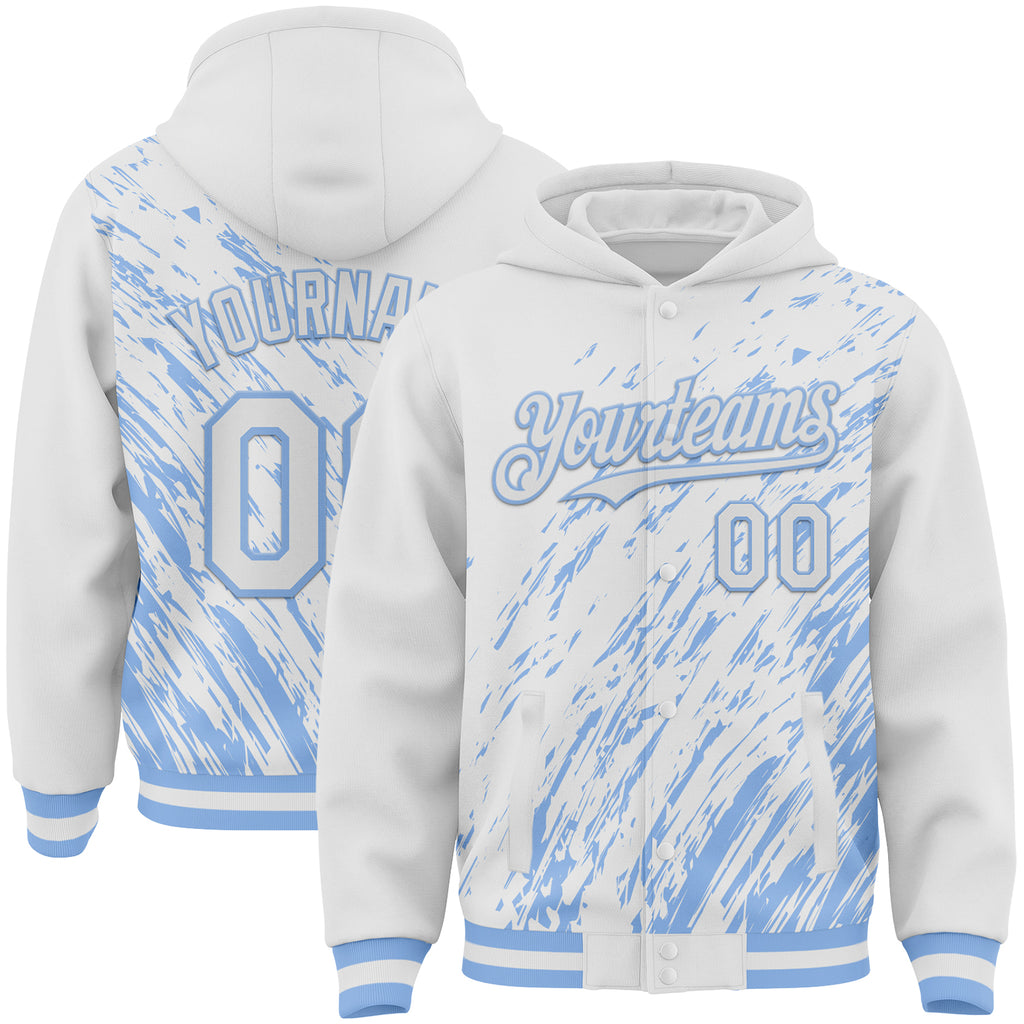 Custom White White-Light Blue 3D Pattern Design Bomber Full-Snap Varsity Letterman Hoodie Jacket