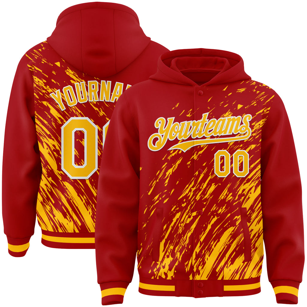 Custom Red Gold-White 3D Pattern Design Bomber Full-Snap Varsity Letterman Hoodie Jacket