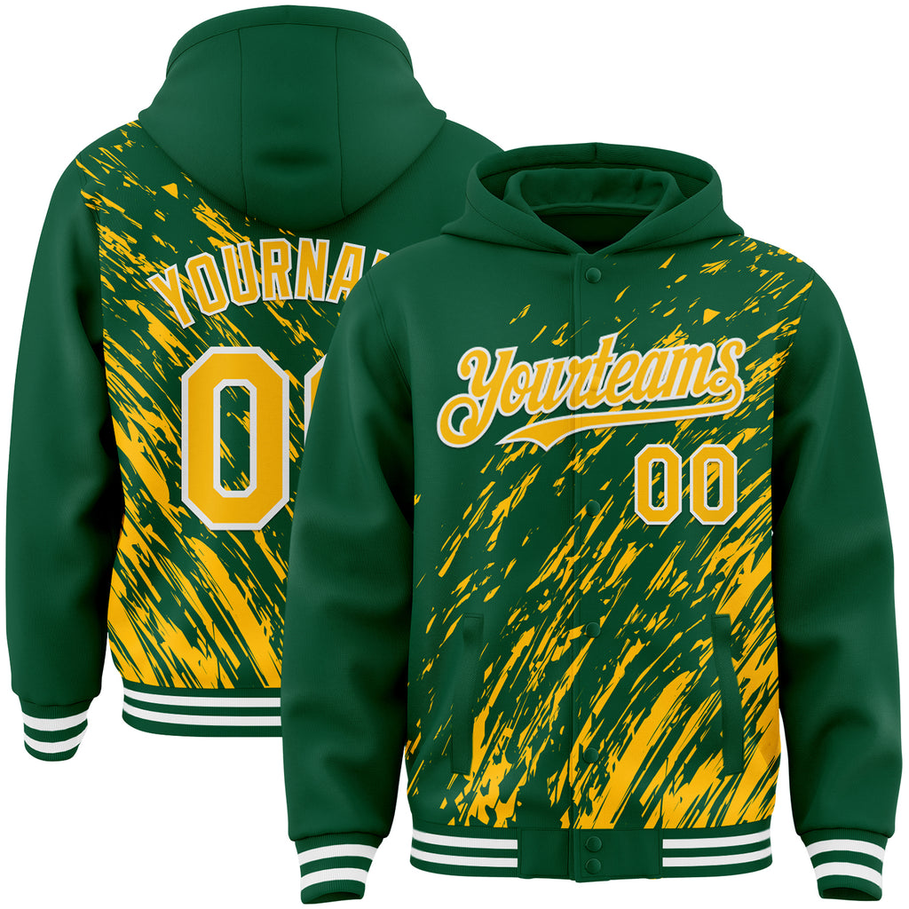 Custom Kelly Green Gold-White 3D Pattern Design Bomber Full-Snap Varsity Letterman Hoodie Jacket