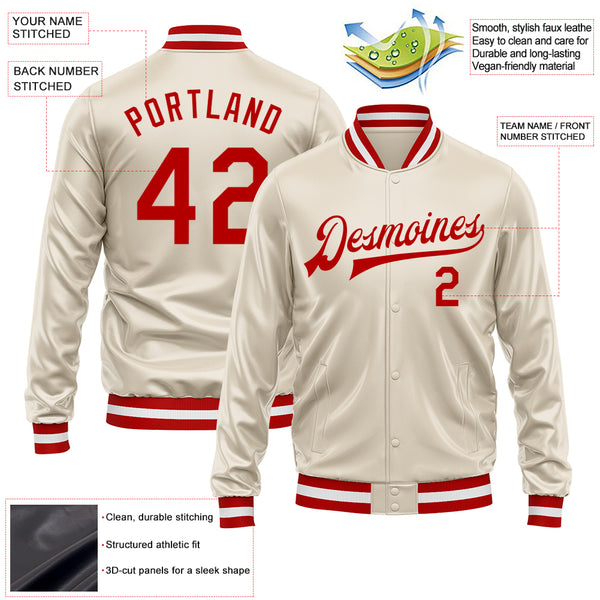 Custom Cream Red Bomber Full-Snap Varsity Faux Leather Letterman Jacket