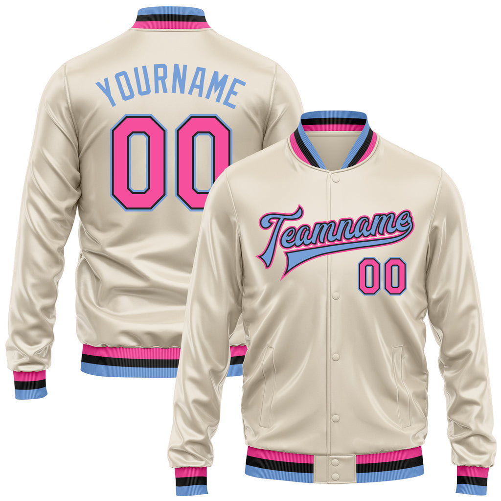 Custom Cream Pink Light Blue-Black Bomber Full-Snap Varsity Faux Leather Letterman Jacket