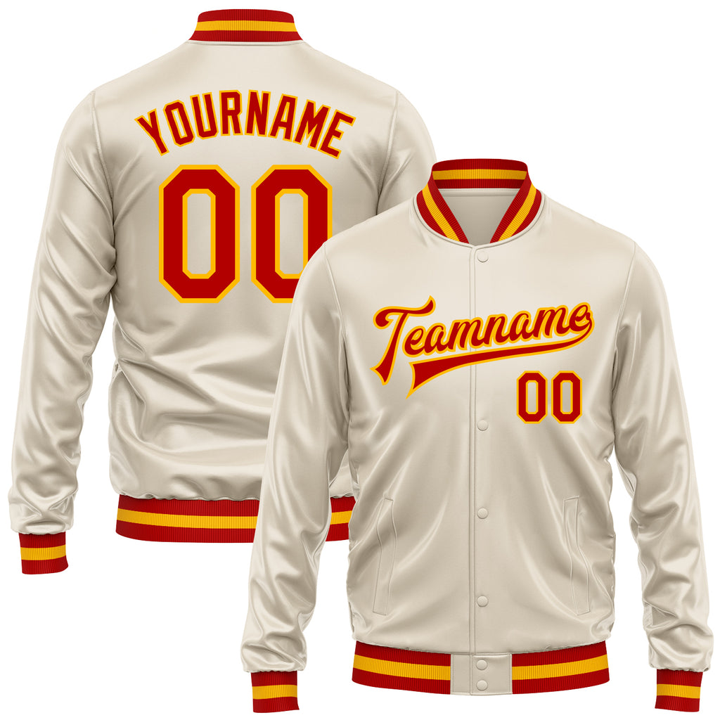 Custom Cream Red-Gold Bomber Full-Snap Varsity Faux Leather Letterman Jacket